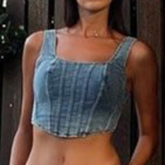 Light Wash Denim zip up Bustier Crop Top - Picture 3 of 10